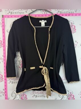 White House Black Market Black Knit Cardigan with Gold Trim and Satin Waist Tie